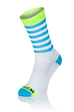 Winaar Fietssokken WBF stripes - Wit/Fluo Geel Met Blauwe Strepen